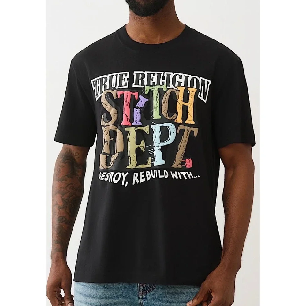 True Religion Mens Stitch Dept Graphic Tee Jet Black SS Build Destroy Rebuild L